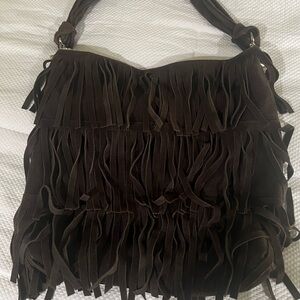 🩷Fringe Brown leather shoulder hobo style bag💚 with a suede tassel charm